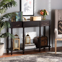 Baxton Studio JY20A075-Espresso-Console Hallan Classic and Traditional French Provincial Dark Brown Finished Wood 3-Drawer Console Table